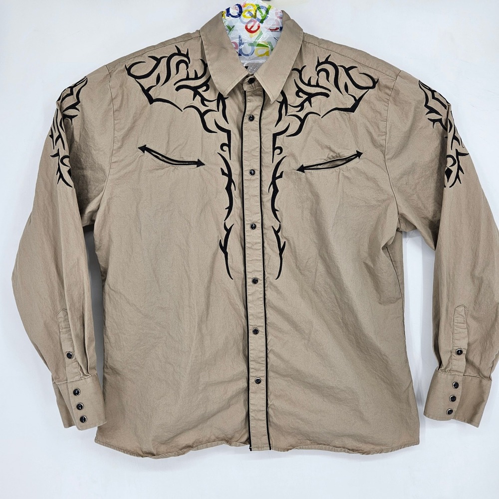 Rodeo Clothing Shirt Mens XL Pearl Snap Western Smile Pockets Long Sleeve Tan